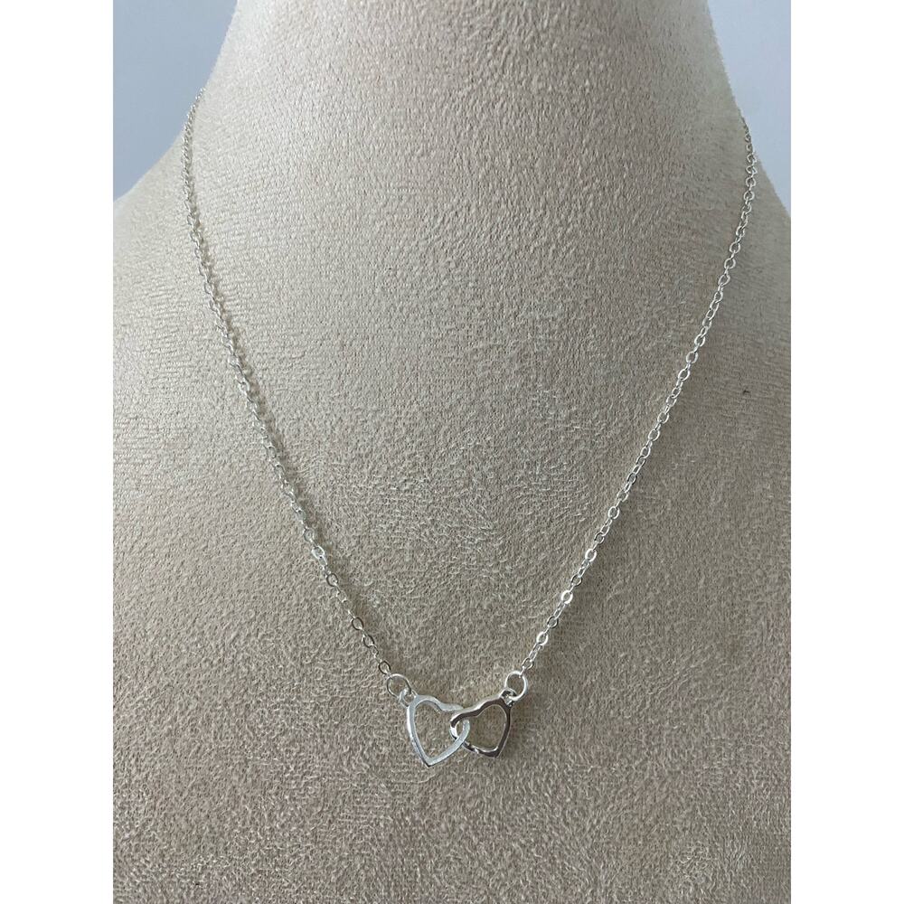 Double heart chain necklace silver tone